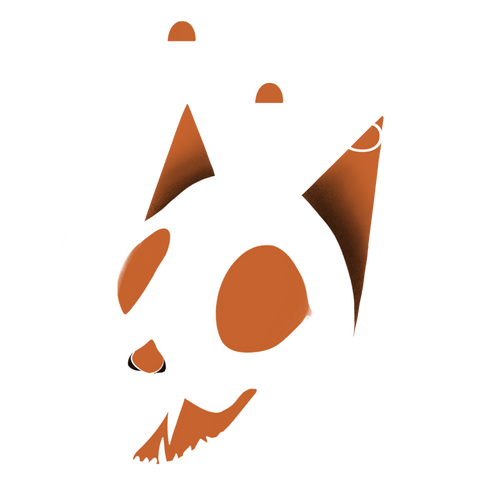 Design of a cat skull accompanied by the text 'swesto designs'. The hollowed out eyes and mouth are orange, and the skull is silhouetted by orange cat ears.